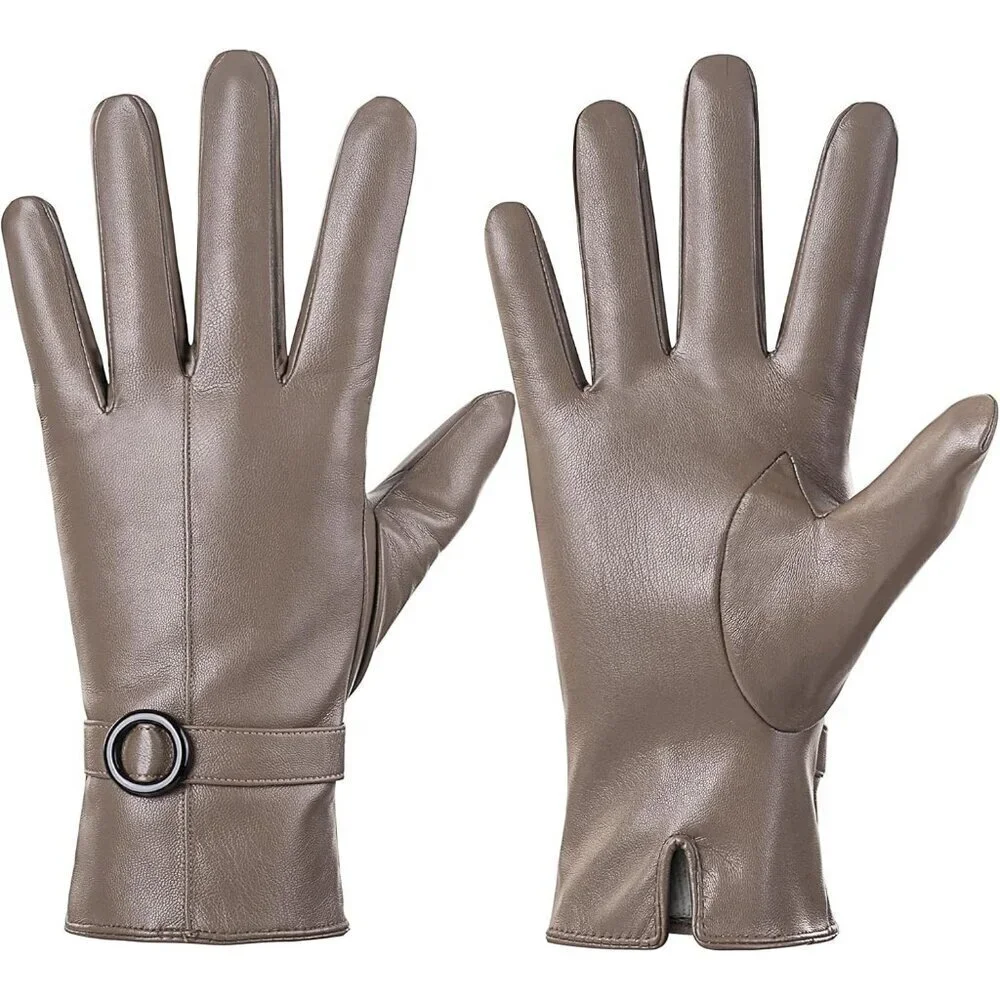 Women's Beige Leather Gloves Touchscreen Texting Warm Driving Lambskin Gloves